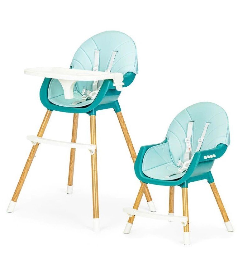 Little Mom Scaun de masa pentru bebelusi si copii Nordic Green 2 in 1 cu inaltime ajustabila varsta 6-60 luni tavita dubla reglabila centura de siguranta in 5 puncte suport pentru picioare