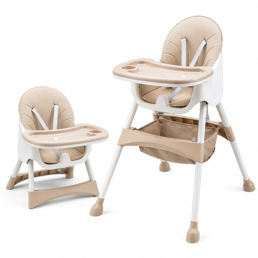 Little Mom Scaun de masa pentru copii Dinner Cream transformabil cu tavita dubla ajustabila si detasabila cu suport pentru picioare si centura in 5 puncte dimensiune 62 x 77 x 92 cm