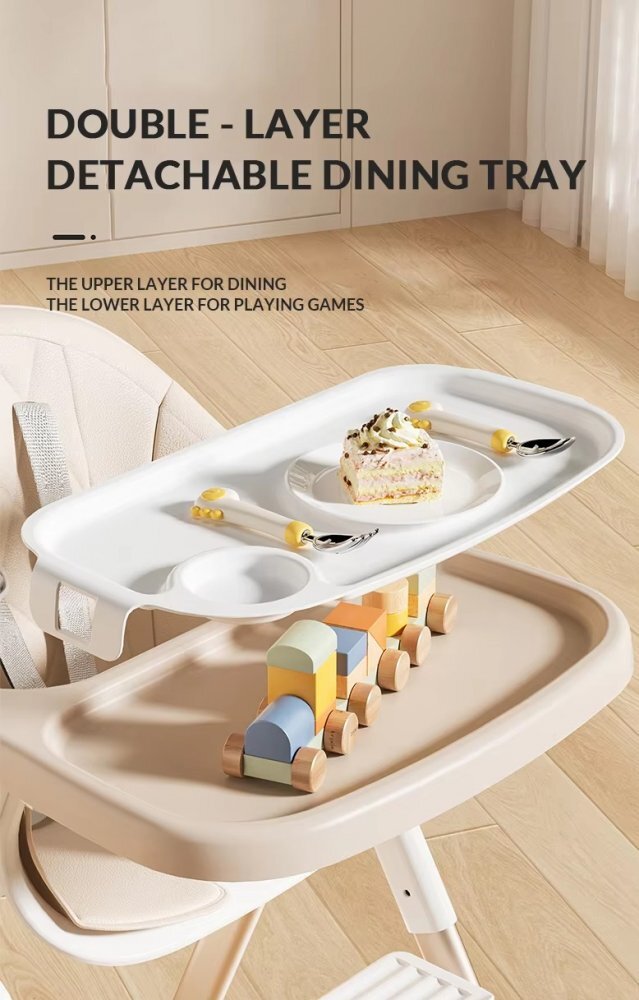 Little Mom Scaun de masa pentru copii NidoFold beige sistem anti-ridicicare centura de siguranta echipat cu roti tavita de masa detasabila pliere rapida si compacta dimensiune 54 x 67 x 88 cm