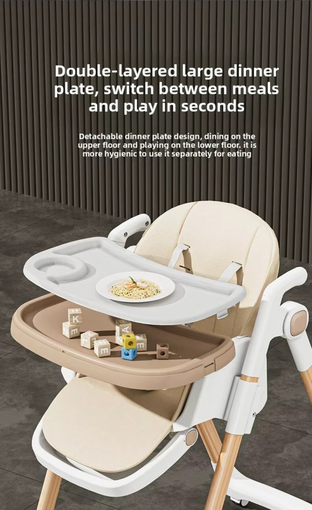 Little Mom Scaun de masa pentru copii Wood beige structura metalica triunghiulara pliabil cu spatarul si tavita ajustabile husa detasabila roti cu blocare