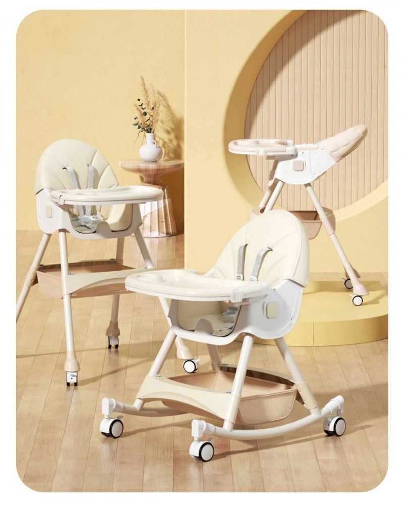 Little Mom Scaun de masa pliabil pentru bebelusi 3 in 1 Funny Cream cu roti si functie de balansoar multifunctional centura de siguranta 5 Puncte ajustabil pe inaltime cos de depozitare husa detasabila