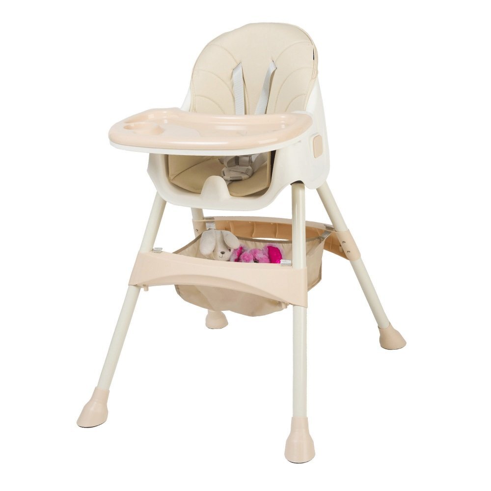 Little Mom Scaun de masa pliabil pentru bebelusi 3 in 1 Funny Cream cu roti si functie de balansoar multifunctional centura de siguranta 5 Puncte ajustabil pe inaltime cos de depozitare husa detasabila