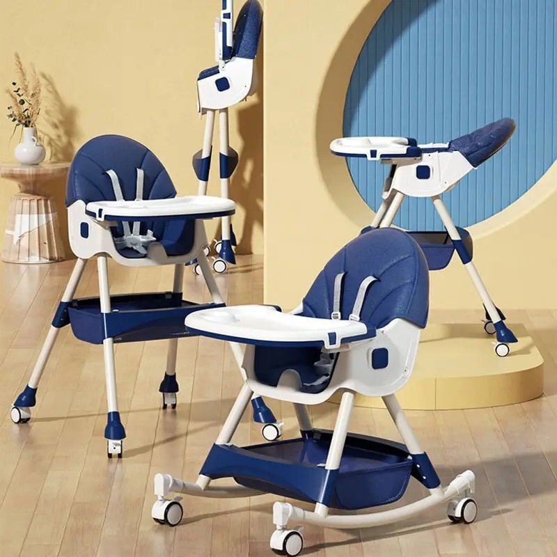 Little Mom Scaun de masa pliabil pentru bebelusi 3 in 1 Funny Dark Blue cu roti si functie de balansoar multifunctional centura de siguranta 5 Puncte ajustabil pe inaltime cos de depozitare husa detasabila