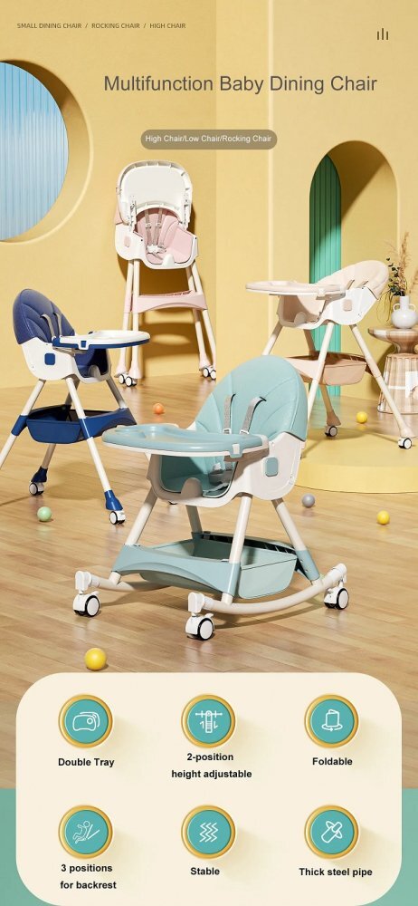 Little Mom Scaun de masa pliabil pentru bebelusi 3 in 1 Funny Dark Blue cu roti si functie de balansoar multifunctional centura de siguranta 5 Puncte ajustabil pe inaltime cos de depozitare husa detasabila