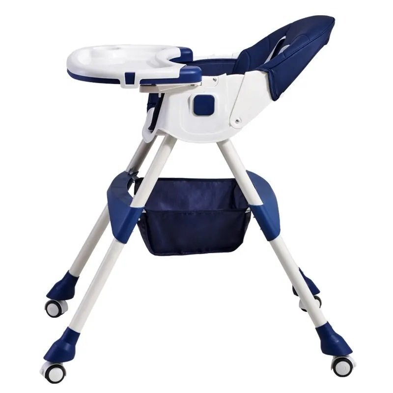 Little Mom Scaun de masa pliabil pentru bebelusi 3 in 1 Funny Dark Blue cu roti si functie de balansoar multifunctional centura de siguranta 5 Puncte ajustabil pe inaltime cos de depozitare husa detasabila