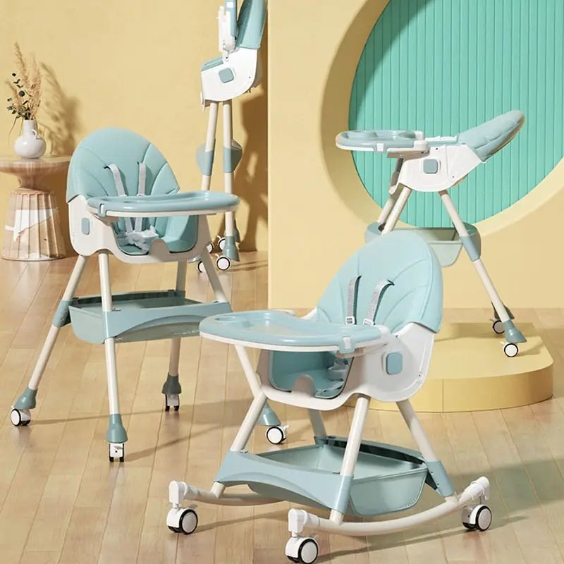 Little Mom Scaun de masa pliabil pentru bebelusi 3 in 1 Funny Light Green cu roti si functie de balansoar multifunctional centura de siguranta 5 Puncte ajustabil pe inaltime cos de depozitare husa detasabila