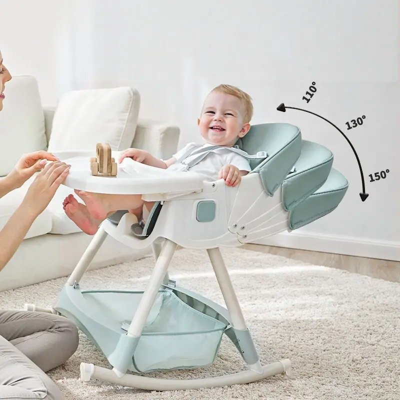 Little Mom Scaun de masa pliabil pentru bebelusi 3 in 1 Funny Light Green cu roti si functie de balansoar multifunctional centura de siguranta 5 Puncte ajustabil pe inaltime cos de depozitare husa detasabila