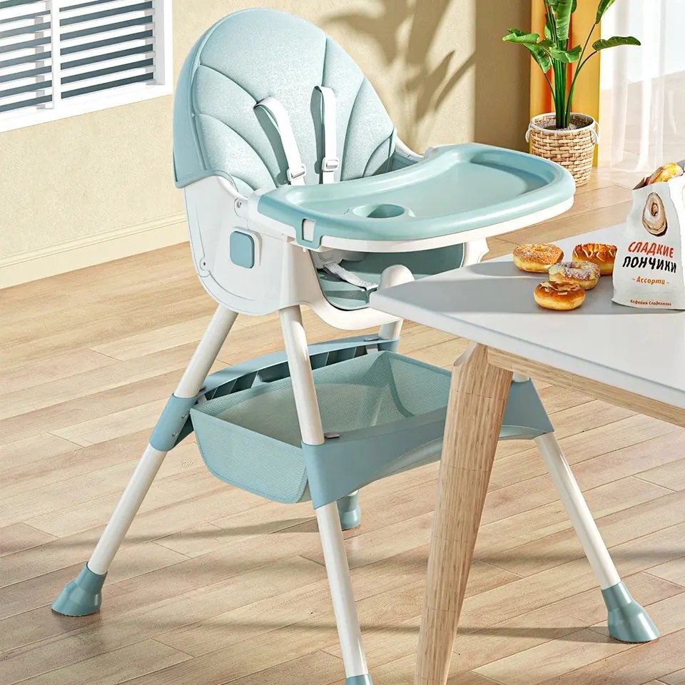 Little Mom Scaun de masa pliabil pentru bebelusi 3 in 1 Funny Light Green cu roti si functie de balansoar multifunctional centura de siguranta 5 Puncte ajustabil pe inaltime cos de depozitare husa detasabila