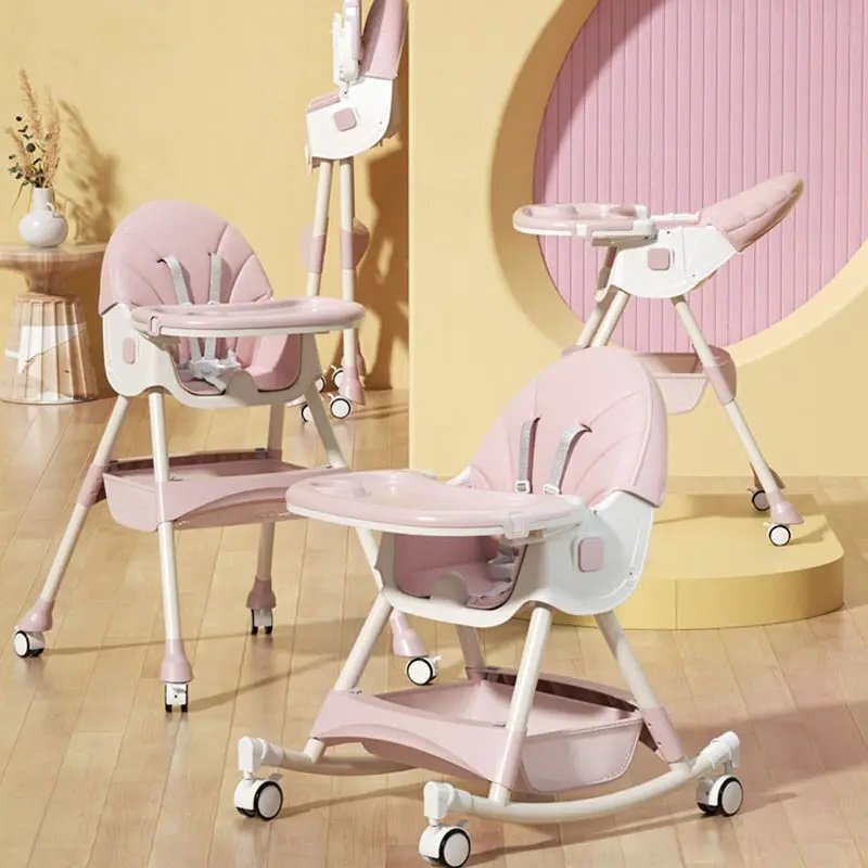 Little Mom Scaun de masa pliabil pentru bebelusi 3 in 1 Funny Pink cu roti si functie de balansoar multifunctional centura de siguranta 5 Puncte ajustabil pe inaltime cos de depozitare husa detasabila