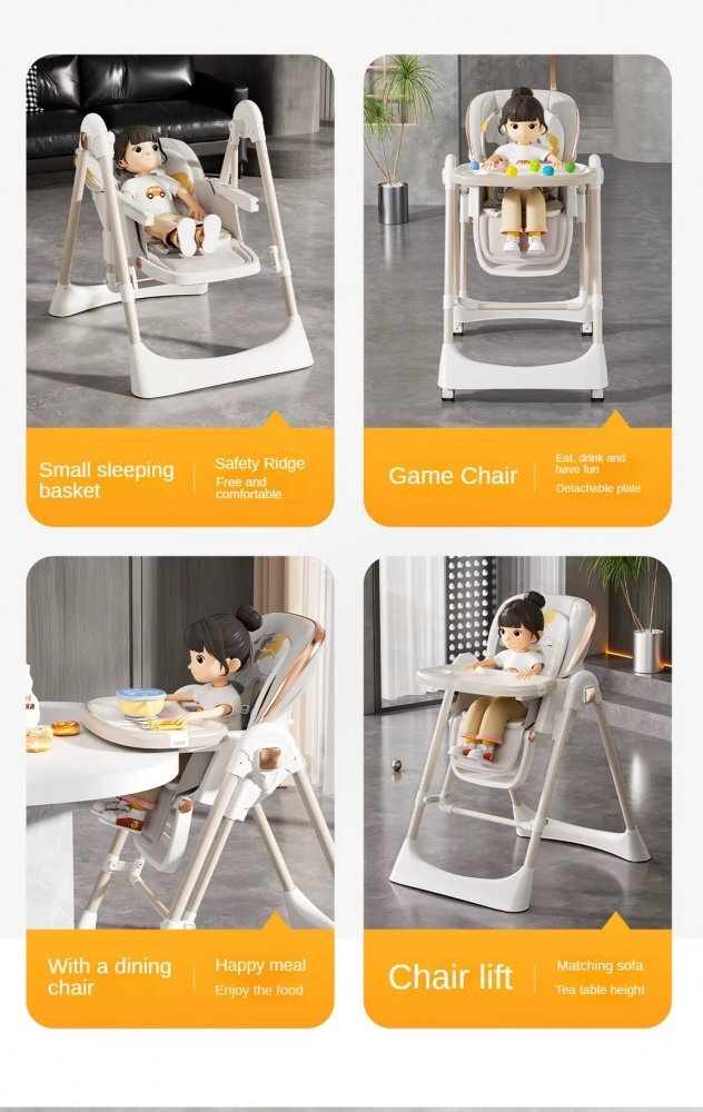 Little Mom Scaun de masa pliabil pentru bebelusi multifunctional cu roti functie balansoar cu spatar reglabil in 4 unghiuri distincte inaltime ajustabila si centura de siguranta 5 puncte varsta 6-36 luni Grey