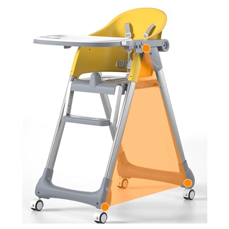 Little Mom Scaun de masa SmartFold Yellow 2 in 1 cu roti pliabil cos pentru accesorii centura siguranta margini rotunjite suport picioare tava dubla