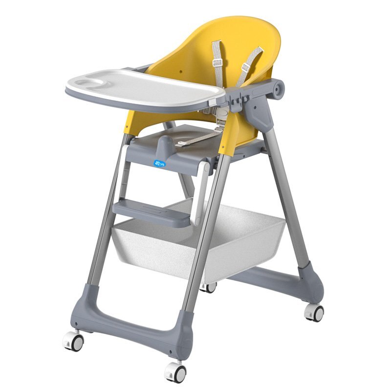Little Mom Scaun de masa SmartFold Yellow 2 in 1 cu roti pliabil cos pentru accesorii centura siguranta margini rotunjite suport picioare tava dubla