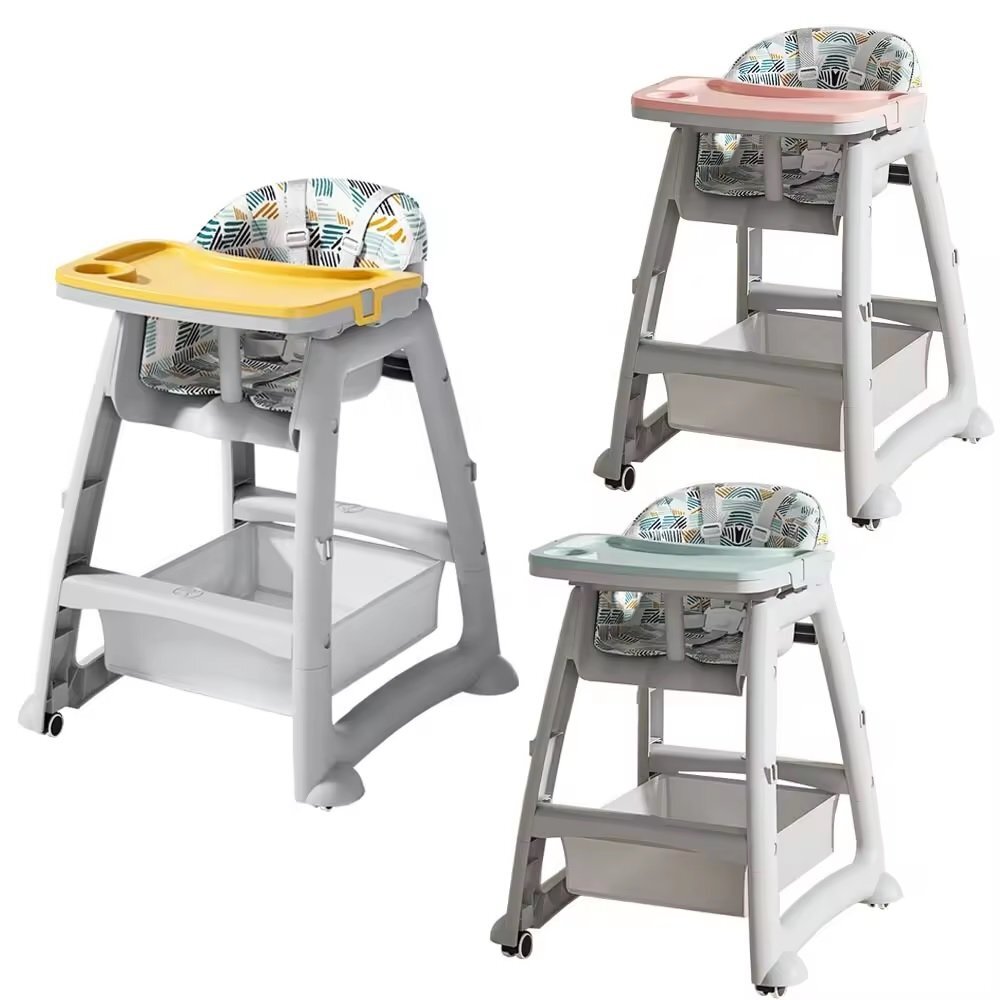 Little Mom Scaun de masa Yellow multifunctional cu roti detasabile cos pentru accesorii centura siguranta tava dubla reglabila husa detasabila margini rotunjite dimensiune 59x58x78cm