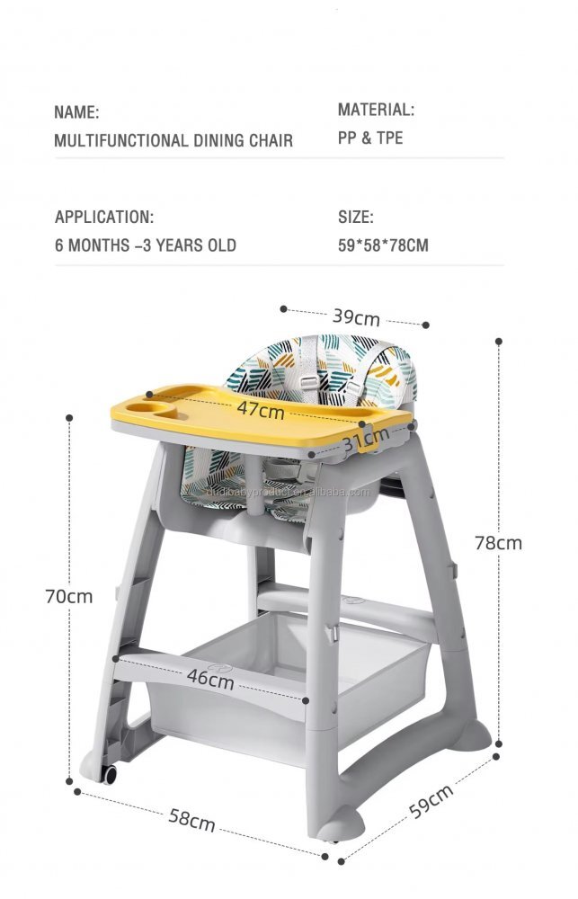 Little Mom Scaun de masa Yellow multifunctional cu roti detasabile cos pentru accesorii centura siguranta tava dubla reglabila husa detasabila margini rotunjite dimensiune 59x58x78cm