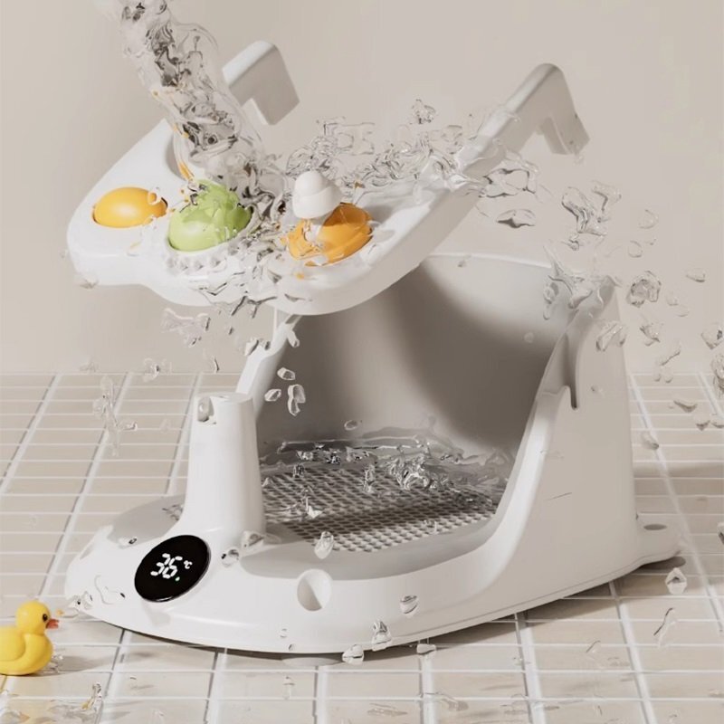 Little Mom Scaunel de baie pentru bebelusi AquaSafe Baby Seat Grey cu termometru digital bariera circulara 360 cu spatar ergonomic si pupitru de joaca incorporat compatibilitate universala