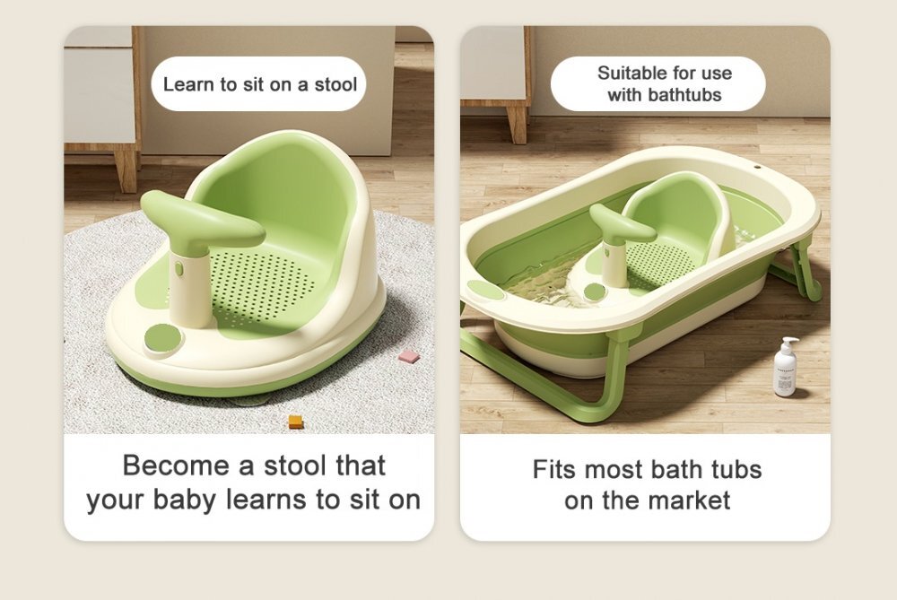 Little Mom Scaunel de baie pentru bebelusi Bubble Green multifunctional ergonomic cu maner de sustinere orificii pentru drenaj spatar si sezut antiderapant laterale deschise dimensiune 395 x 308 x 22 cm