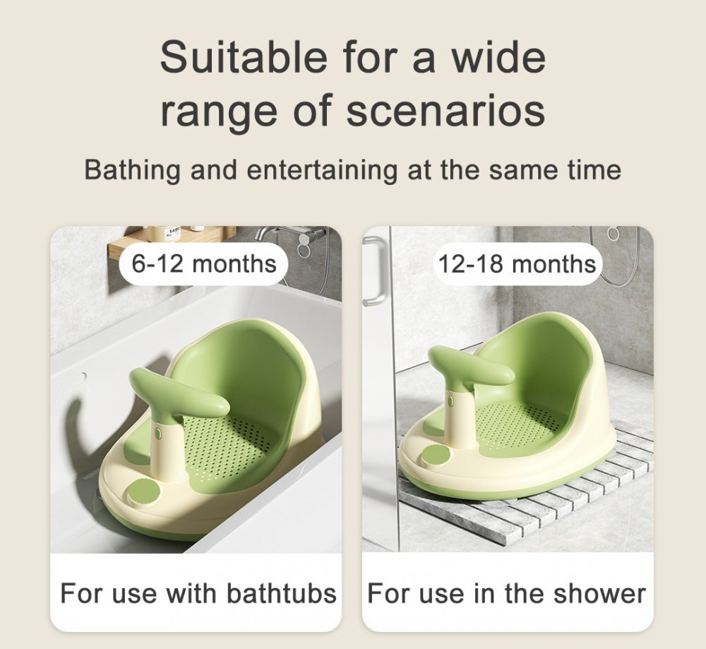 Little Mom Scaunel de baie pentru bebelusi Bubble Green multifunctional ergonomic cu maner de sustinere orificii pentru drenaj spatar si sezut antiderapant laterale deschise dimensiune 395 x 308 x 22 cm