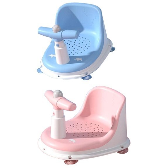 Little Mom Scaunel de baie pentru copii Baby Crown Blue design ergonomic cu spatar cu husa detasabila din cauciuc cu ghidon de sustinere si Claxon dimensiune 20 x 30 x 36 cm