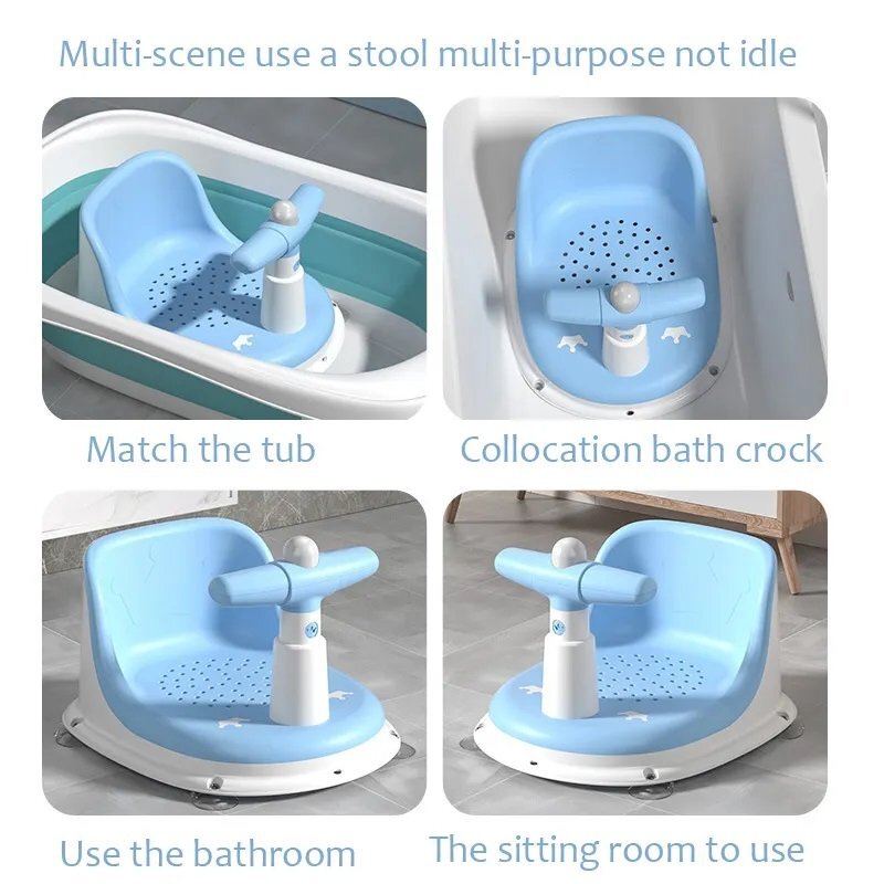 Little Mom Scaunel de baie pentru copii Baby Crown Blue design ergonomic cu spatar cu husa detasabila din cauciuc cu ghidon de sustinere si Claxon dimensiune 20 x 30 x 36 cm