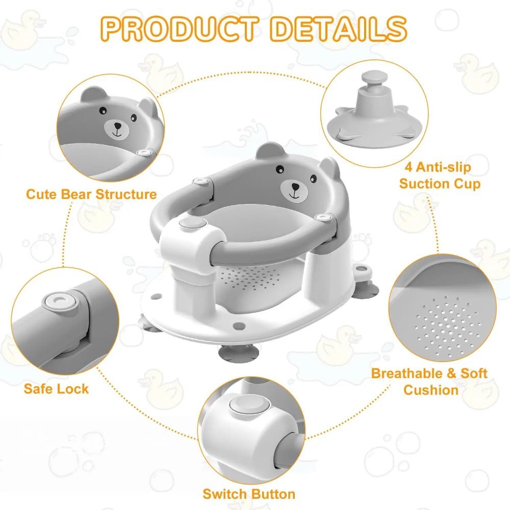 Little Mom Scaunel de baie pentru copii Bear Grey model universal cu spatar ergonomic ventuze de fixare brate mobile dimensiuni 21x41x24 cm
