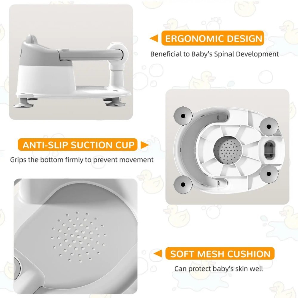 Little Mom Scaunel de baie pentru copii Bear Grey model universal cu spatar ergonomic ventuze de fixare brate mobile dimensiuni 21x41x24 cm
