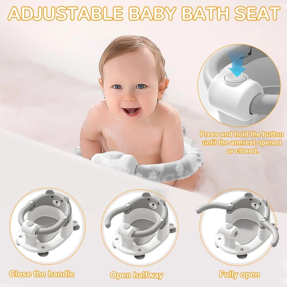 Little Mom Scaunel de baie pentru copii Bear Grey model universal cu spatar ergonomic ventuze de fixare brate mobile dimensiuni 21x41x24 cm
