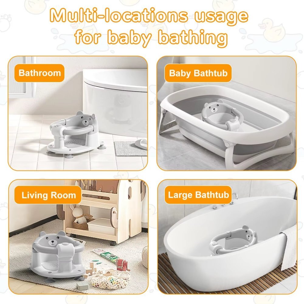 Little Mom Scaunel de baie pentru copii Bear Grey model universal cu spatar ergonomic ventuze de fixare brate mobile dimensiuni 21x41x24 cm
