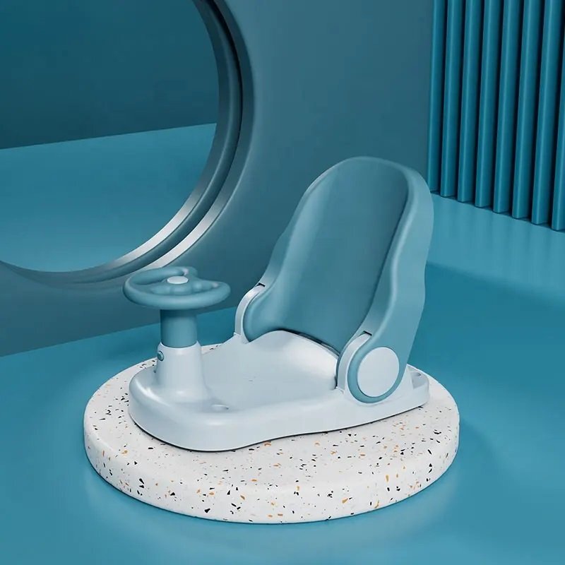 Little Mom Scaunel de baie pentru copii Car Blue cu design pliabil ergonomic volan de sustinere spatar ajustabil in 3 unghiuri diferite fixare cu ventuze dimensiune 38 x 28.5 x 30.8 cm