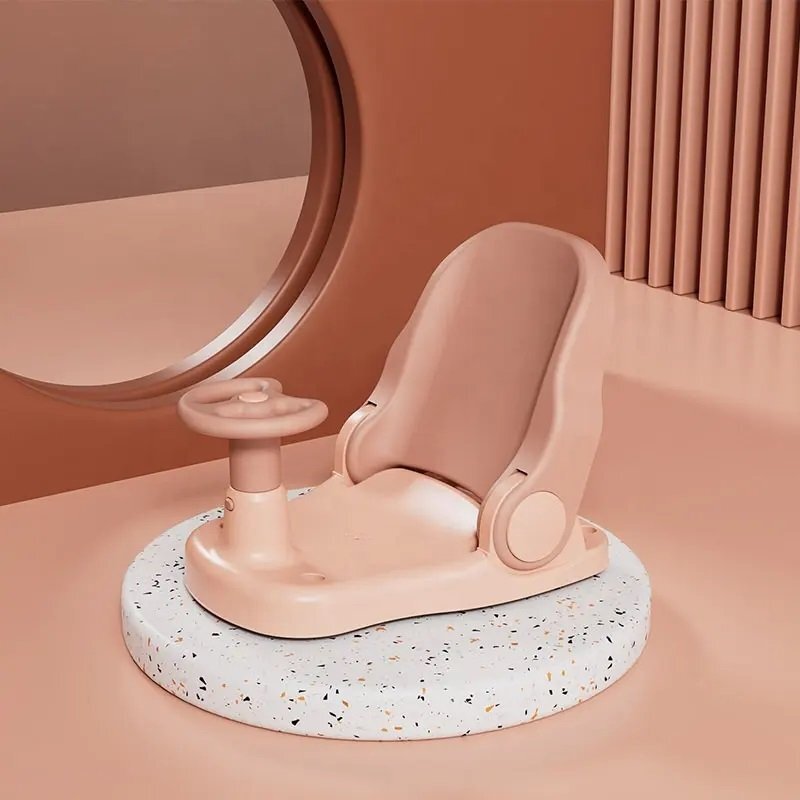 Little Mom Scaunel de baie pentru copii Car Pink cu design pliabil ergonomic volan de sustinere spatar ajustabil in 3 unghiuri diferite fixare cu ventuze dimensiune 38 x 28.5 x 30.8 cm