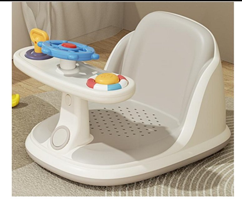 Little Mom Scaunel de baie pentru copii Cream Sailor ghidon de sustinere echipat cu jucarii sonore design ergonomic cu spatar husa detasabila din cauciuc fixare cu ventuze dimensiune 20 x 39 x 23.5 cm