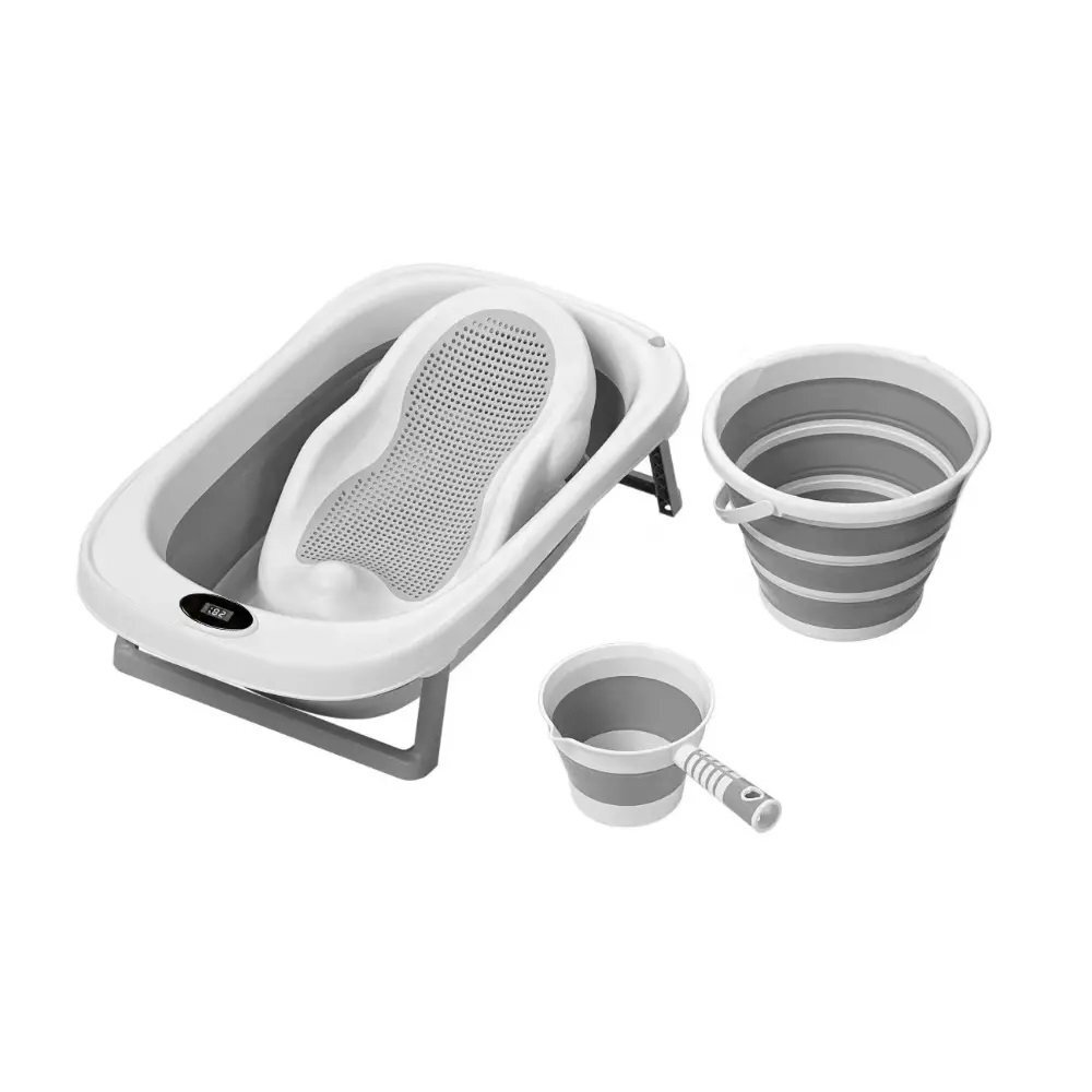 Little Mom Set 4 in 1 Grey cu cadita pliabila cu termometru display digital incoporat reductor anatomic pentru bebelusi galetusa pliabila si recipient pentru clatire pliabil cu maner non-toxice fara BPA