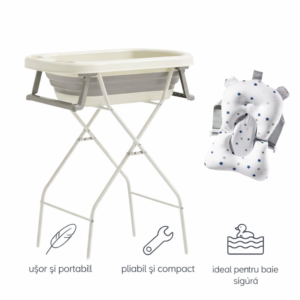 Little Mom Set Cadita pliabila pentru bebelui cu suport metalic si Perna Ergonomica Grey