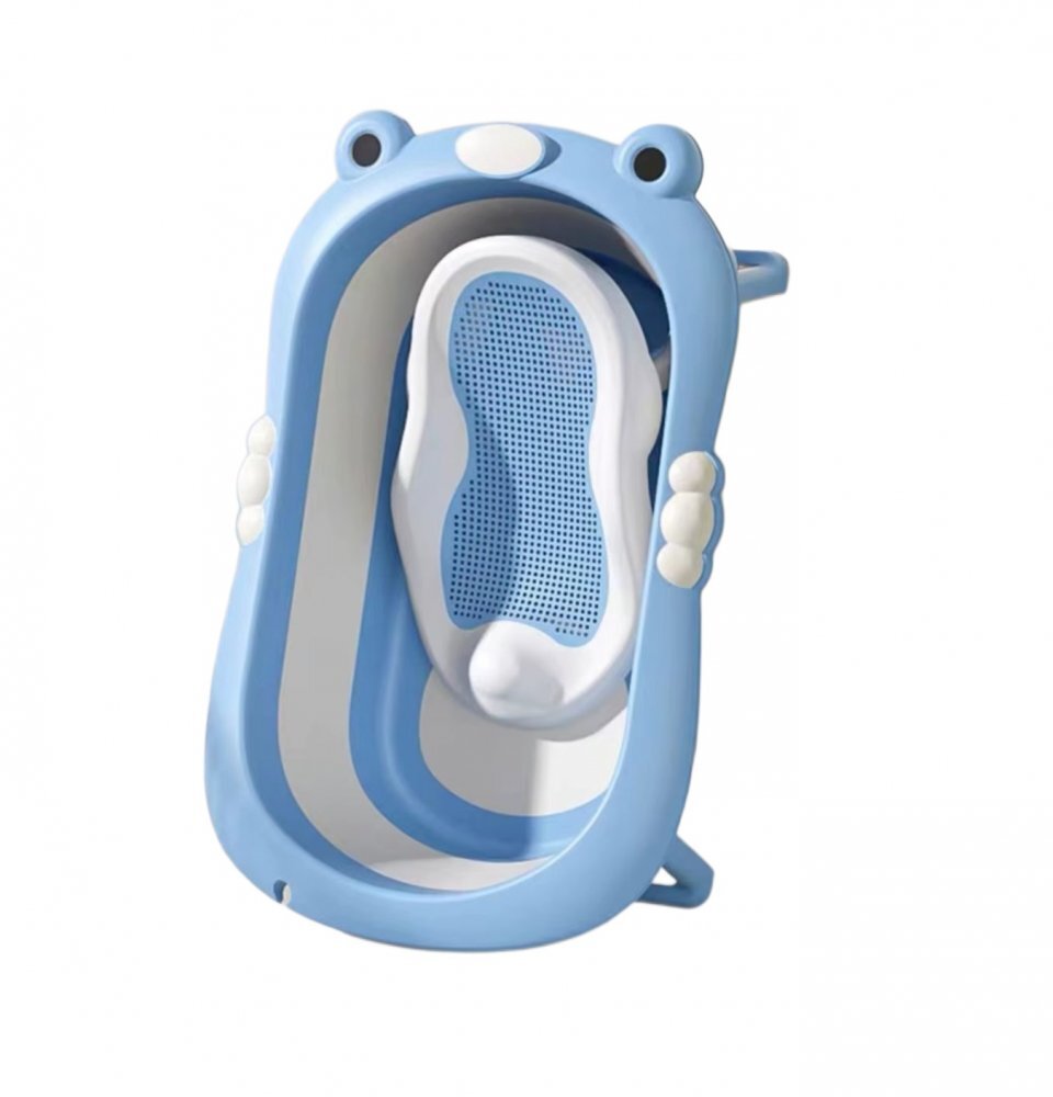 Little Mom Set Cadita pliabila pentru bebelusi blue cu termometru digital dop de scurgere dimensiune 80 x 52 x 23 cm si Suport anatomic inclus