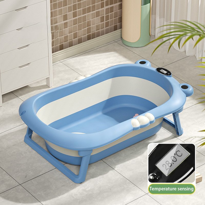 Little Mom Set Cadita pliabila pentru bebelusi blue cu termometru digital dop de scurgere dimensiune 80 x 52 x 23 cm si Suport anatomic inclus