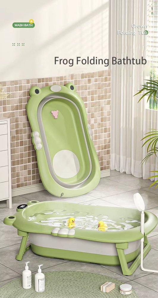 Little Mom Set Cadita pliabila pentru bebelusi green cu termometru digital dop de scurgere dimensiune 80 x 52 x 23 cm si Suport anatomic inclus