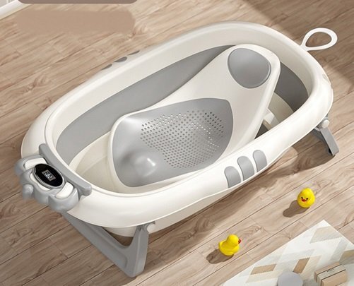 Little Mom Set Cadita pliabila pentru copii Crown Grey termometru incorporat cu display digital sistem de agatare si suport anatomic pliabil