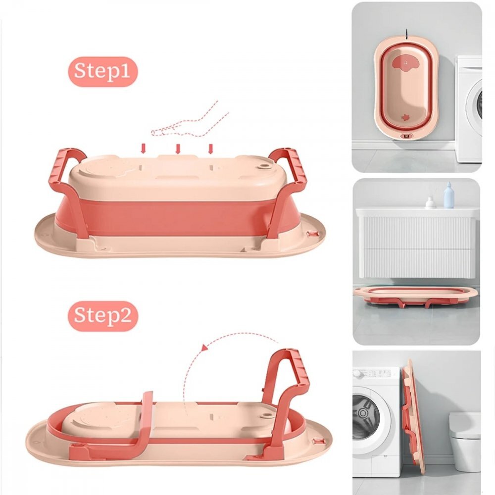 Little Mom Set cadita pliabila pentru copii Dino Pink cu pernuta bebelusi detasabila termometru display digital incorporat dop scurgere picioruse antiderapante design ergonomic80 x 50 x 24 cm
