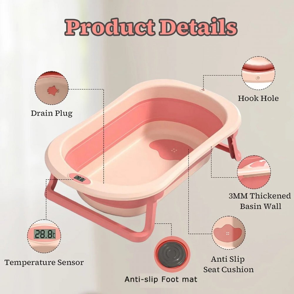 Little Mom Set cadita pliabila pentru copii Dino Pink cu pernuta bebelusi detasabila termometru display digital incorporat dop scurgere picioruse antiderapante design ergonomic80 x 50 x 24 cm