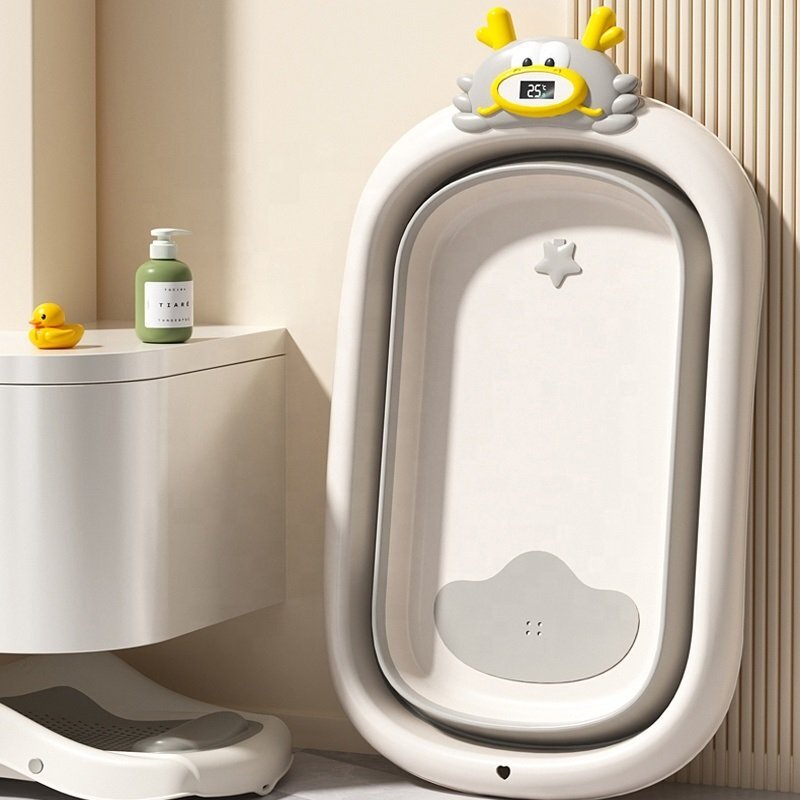 Little Mom Set Cadita pliabila pentru copii Giggletub Grey termometru cu display digital incorporat si hamac cu design ergonomic dimensiune 92 X 51 X 24 cm