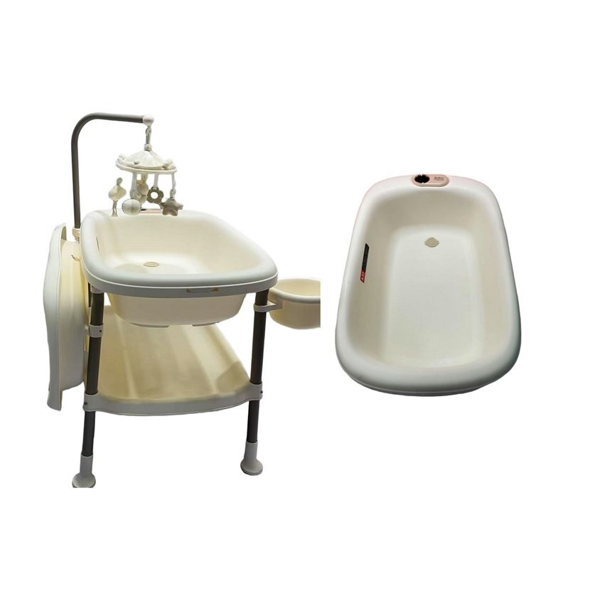 Little Mom Set de baie pentru bebelusi Beige cu masuta de infasat cadita cu termometru digital incorporat salteluta ergonomica si carusel cu jucarii suspendate inclus