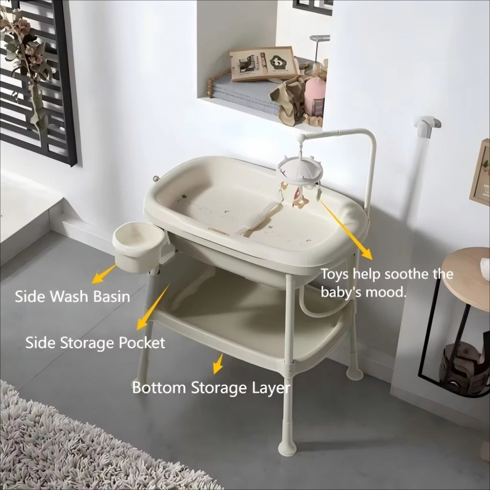 Little Mom Set de baie pentru bebelusi Beige cu masuta de infasat cadita cu termometru digital incorporat salteluta ergonomica si carusel cu jucarii suspendate inclus
