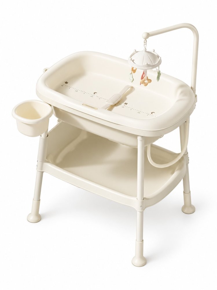 Little Mom Set de baie pentru bebelusi Beige cu masuta de infasat cadita cu termometru digital incorporat salteluta ergonomica si carusel cu jucarii suspendate inclus