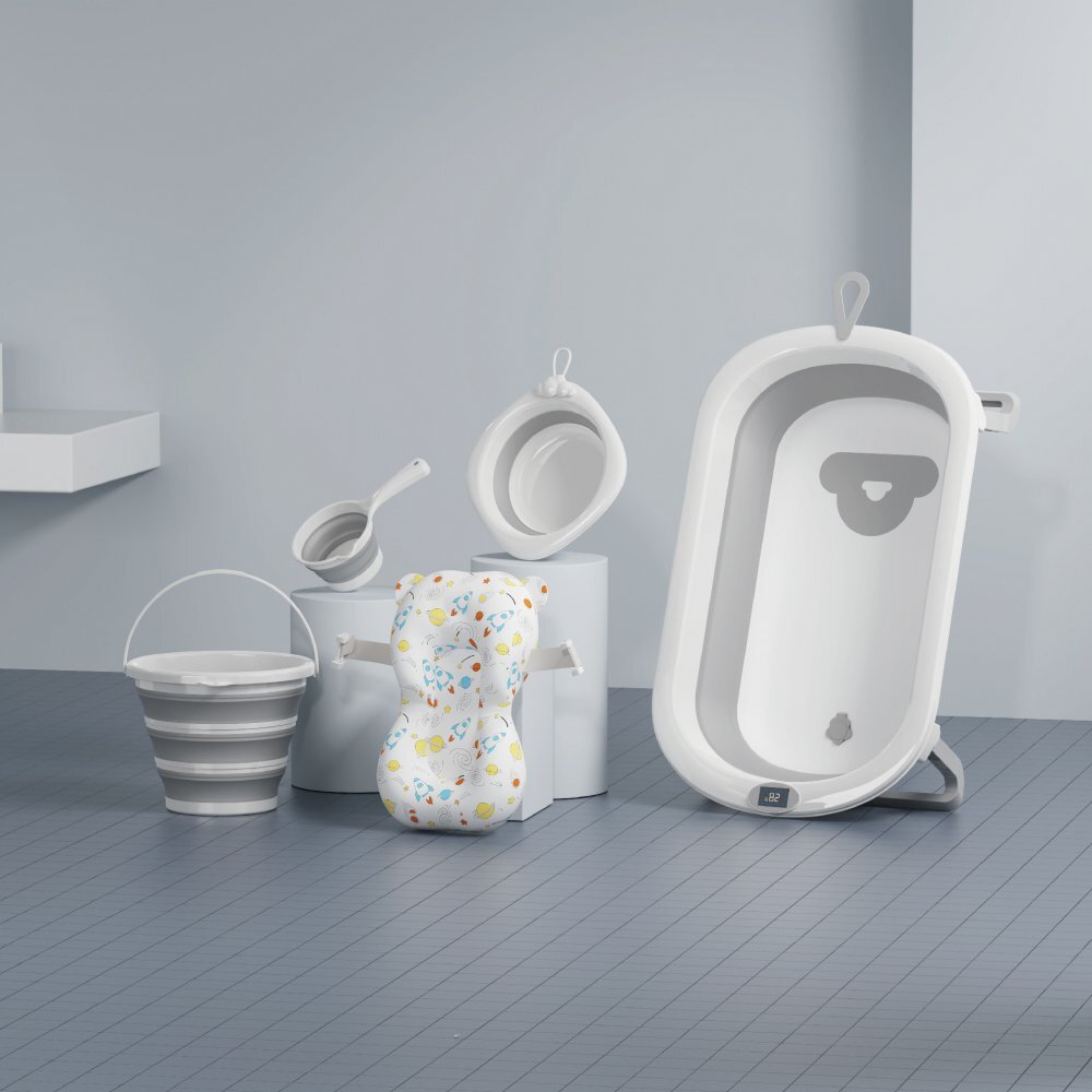 Little Mom Set de baita 5 in 1 Premium pentru bebelusi Comfort Care grey Cadita pliabila cu termometru integrat Hamac moale ergonomic si accesorii de imbaiere incluse