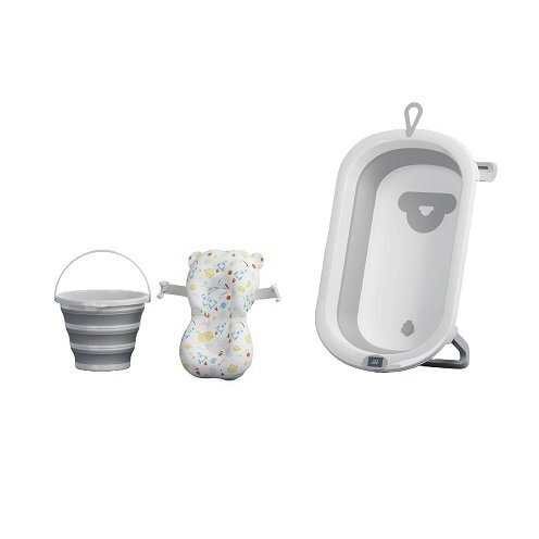 Little Mom Set de baita 5 in 1 Premium pentru bebelusi Comfort Care grey Cadita pliabila cu termometru integrat Hamac moale ergonomic si accesorii de imbaiere incluse