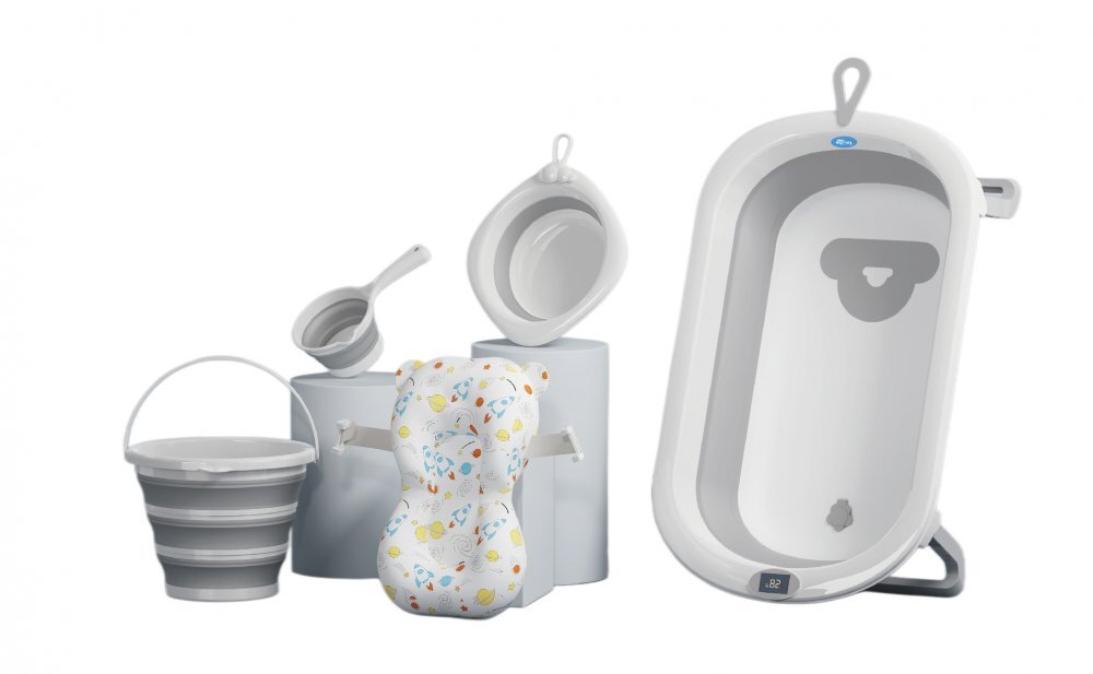Little Mom Set de baita 5 in 1 Premium pentru bebelusi Comfort Care grey Cadita pliabila cu termometru integrat Hamac moale ergonomic si accesorii de imbaiere incluse