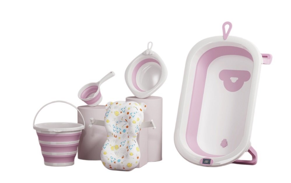 Little Mom Set de baita 5 in 1 Premium pentru bebelusi Comfort Care pink Cadita pliabila cu termometru integrat Hamac moale ergonomic si accesorii de imbaiere incluse