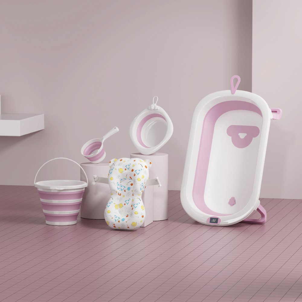 Little Mom Set de baita 5 in 1 Premium pentru bebelusi Comfort Care pink Cadita pliabila cu termometru integrat Hamac moale ergonomic si accesorii de imbaiere incluse