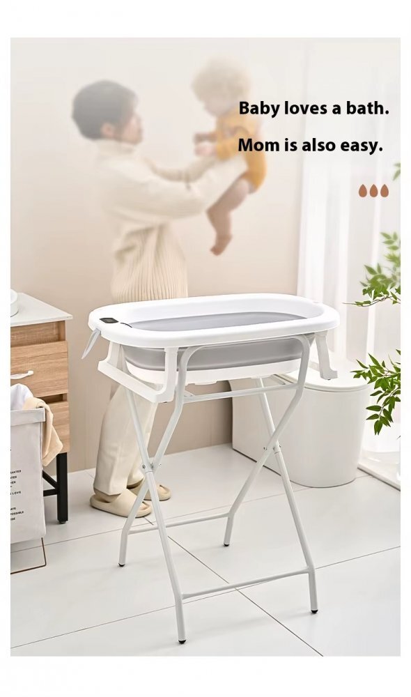 Little Mom Set de baita pentru bebelusi Grey include Cadita pliabila cu termometru digital integrat dimensiune 76 x 21 x 49 cm si Stativ metalic pliabil inclus