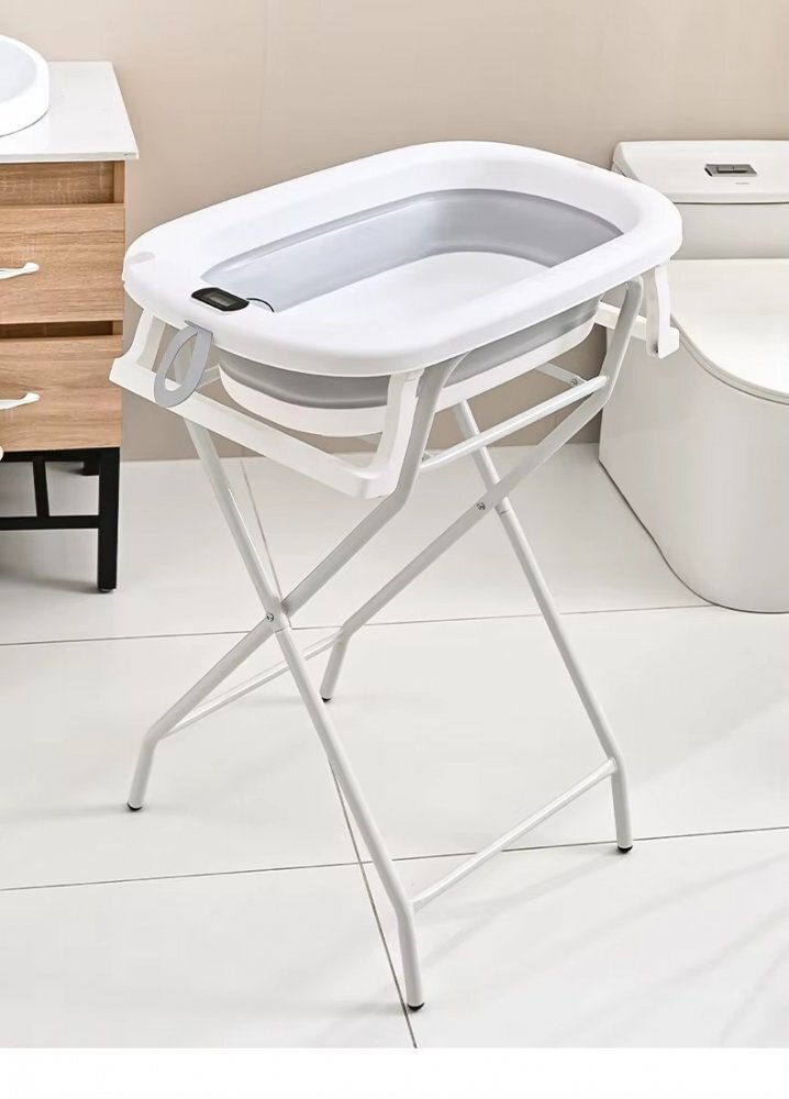 Little Mom Set de baita pentru bebelusi Grey include Cadita pliabila cu termometru digital integrat dimensiune 76 x 21 x 49 cm si Stativ metalic pliabil inclus