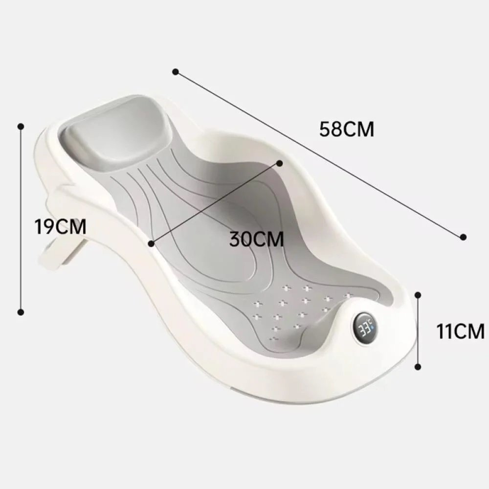 Little Mom Suport de baie pentru bebelusi design ergonomic pliabil cu indicator de temperatura prevazut cu tetiera si suprafata texturata cu gauri de scurgere a apei dimensiune 58 x 11 x 30 cm
